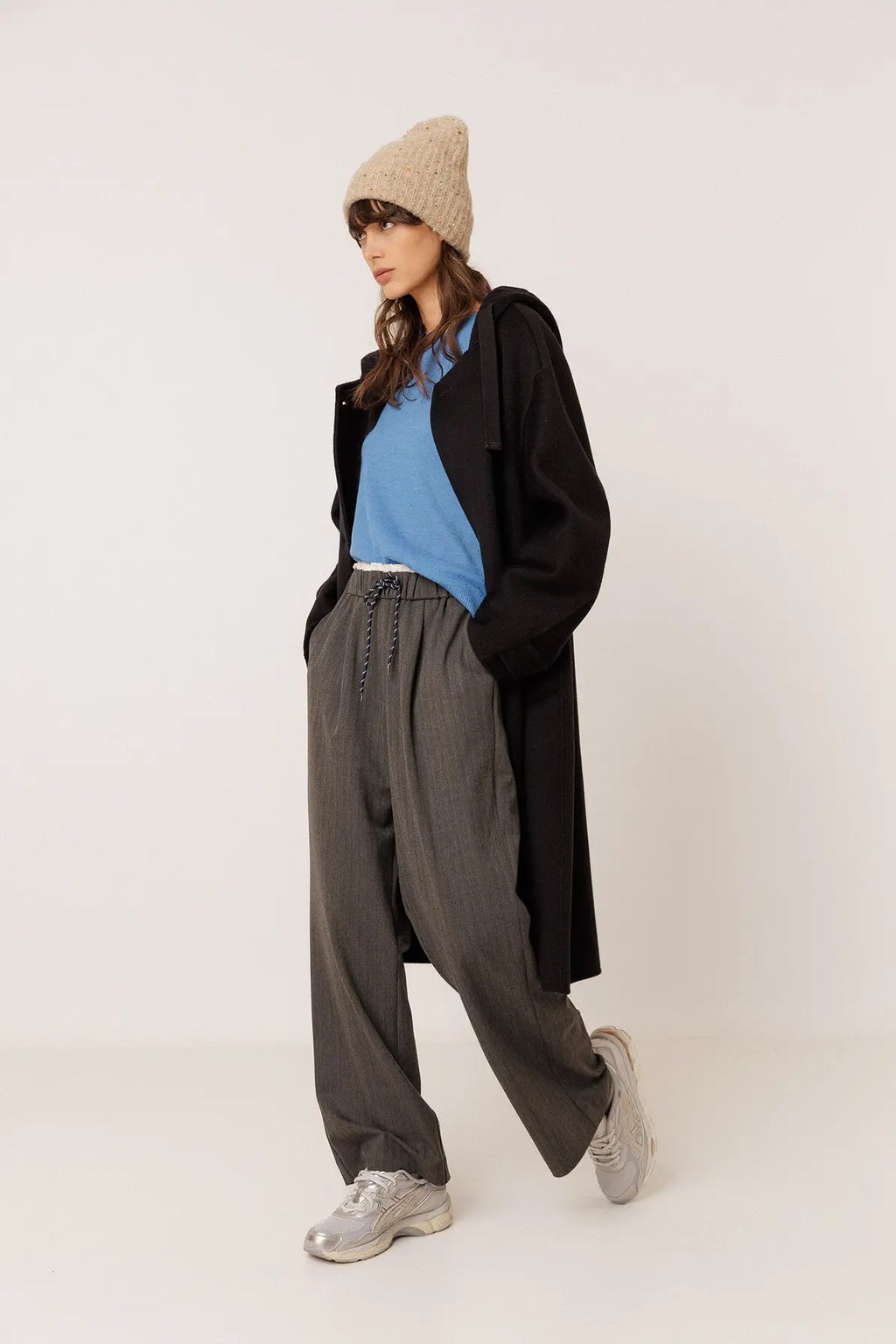 INDI AND COLD BLACK WOOL COAT WITH HOOD
